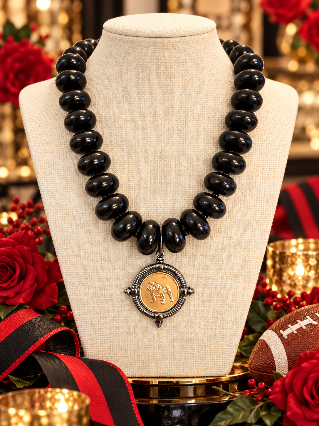 Georgia Bulldog Necklace, Black Beaded Statement Necklace, Gold Bulldog Medallion, UGA Game Day Jewelry, Georgia Football Gift