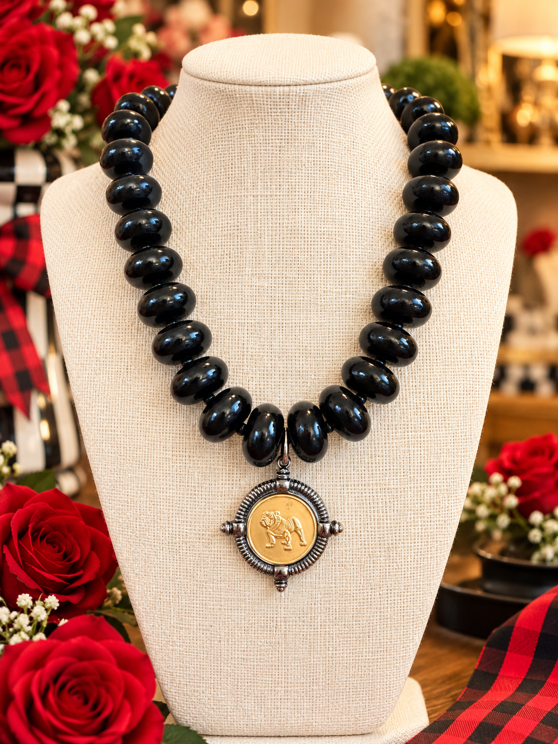 Georgia Bulldog Necklace, Black Beaded Statement Necklace, Gold Bulldog Medallion, UGA Game Day Jewelry, Georgia Football Gift