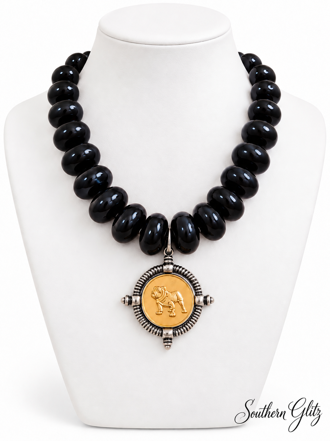 Georgia Bulldog Necklace, Black Beaded Statement Necklace, Gold Bulldog Medallion, UGA Game Day Jewelry, Georgia Football Gift
