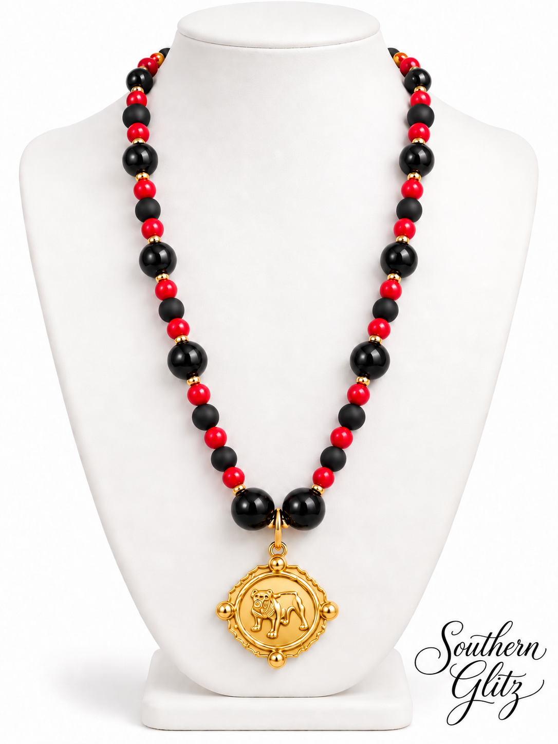 Red and Black Bulldog Necklace, Gold Bulldog Pendant, Game Day Jewelry, Football Fan Gift, Beaded Statement Necklace