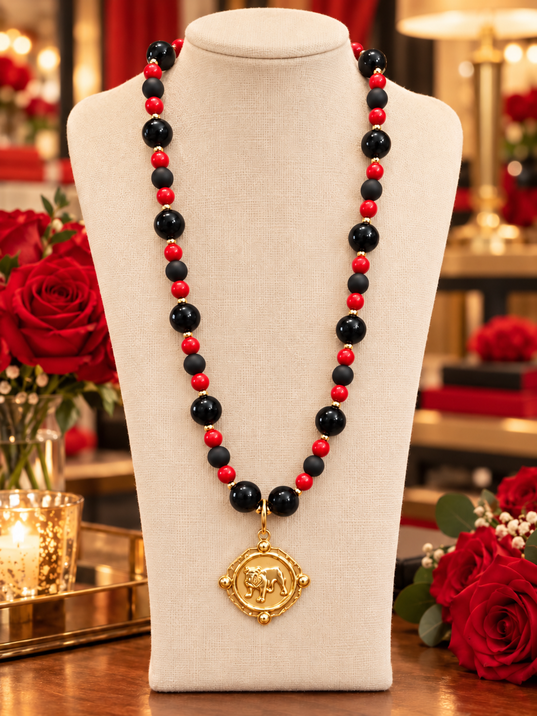 Red and Black Bulldog Necklace, Gold Bulldog Pendant, Game Day Jewelry, Football Fan Gift, Beaded Statement Necklace