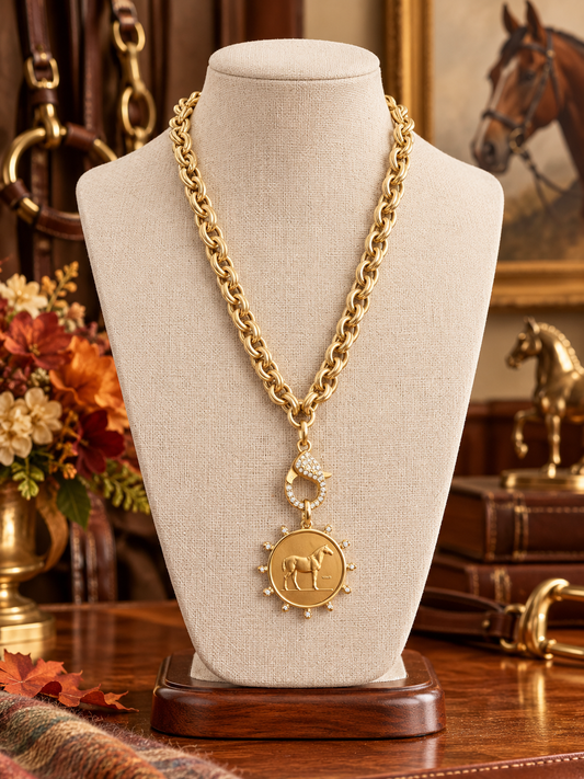 Gold Horse Medallion Necklace, Equestrian Statement Necklace, Horse Coin Pendant, Chunky Gold Chain, Horse Lover Gift, Equine Jewelry