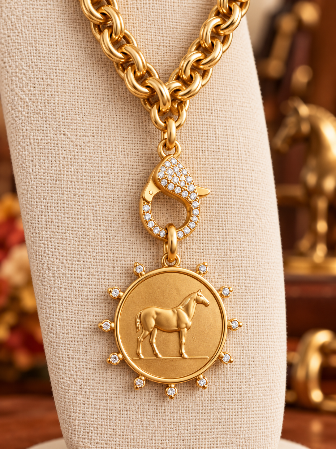 Gold Horse Medallion Necklace, Equestrian Statement Necklace, Horse Coin Pendant, Chunky Gold Chain, Horse Lover Gift, Equine Jewelry