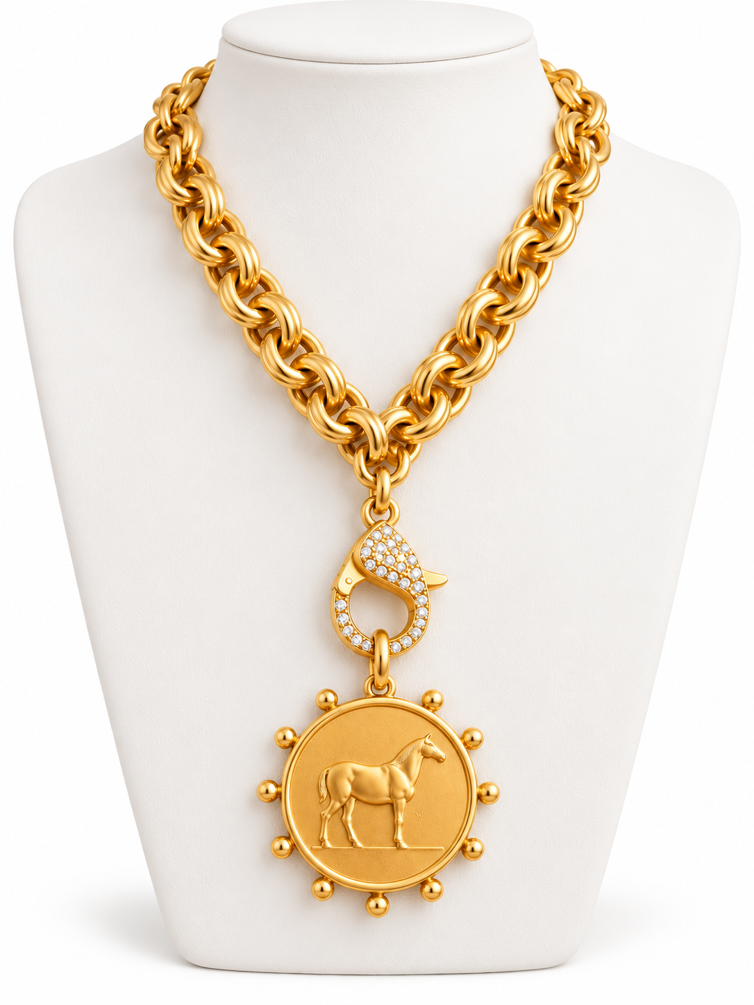 Gold Horse Medallion Necklace, Equestrian Statement Necklace, Horse Coin Pendant, Chunky Gold Chain, Horse Lover Gift, Equine Jewelry