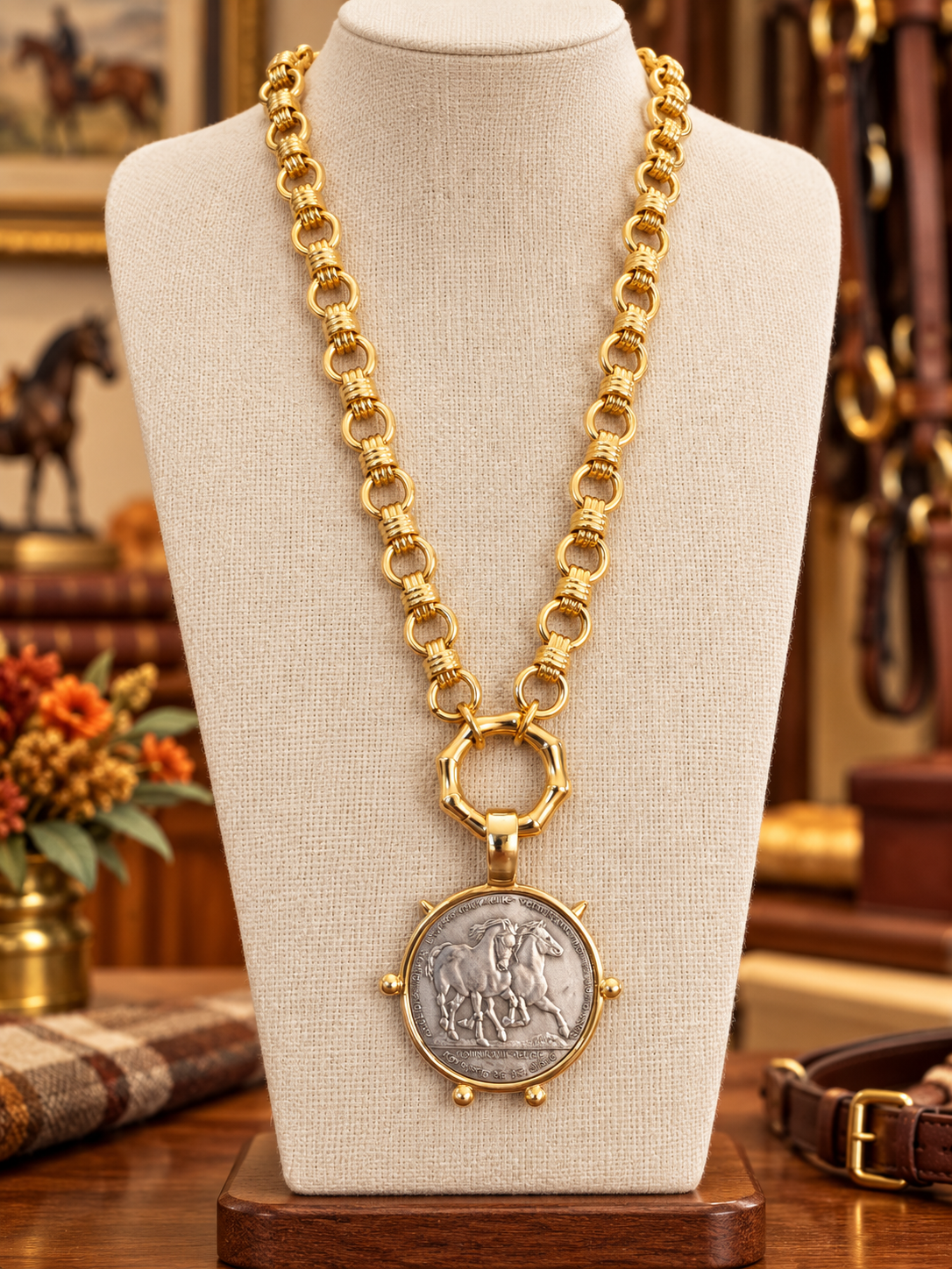 Gold Horse Medallion Necklace, Equestrian Statement Necklace, Two Tone Horse Coin Pendant, Horse Lover Jewelry, Gold Link Necklace