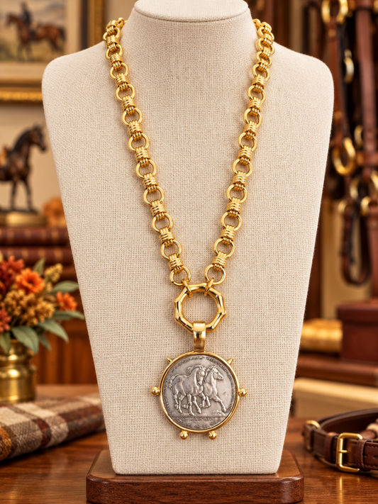Gold Horse Medallion Necklace, Equestrian Statement Necklace, Two Tone Horse Coin Pendant, Horse Lover Jewelry, Gold Link Necklace