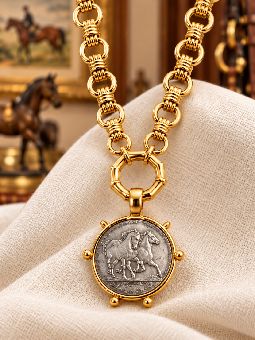 Gold Horse Medallion Necklace, Equestrian Statement Necklace, Two Tone Horse Coin Pendant, Horse Lover Jewelry, Gold Link Necklace