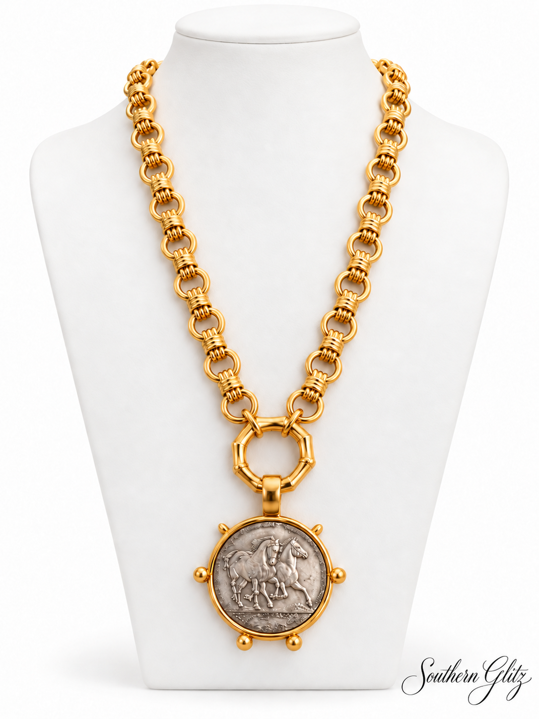 Gold Horse Medallion Necklace, Equestrian Statement Necklace, Two Tone Horse Coin Pendant, Horse Lover Jewelry, Gold Link Necklace