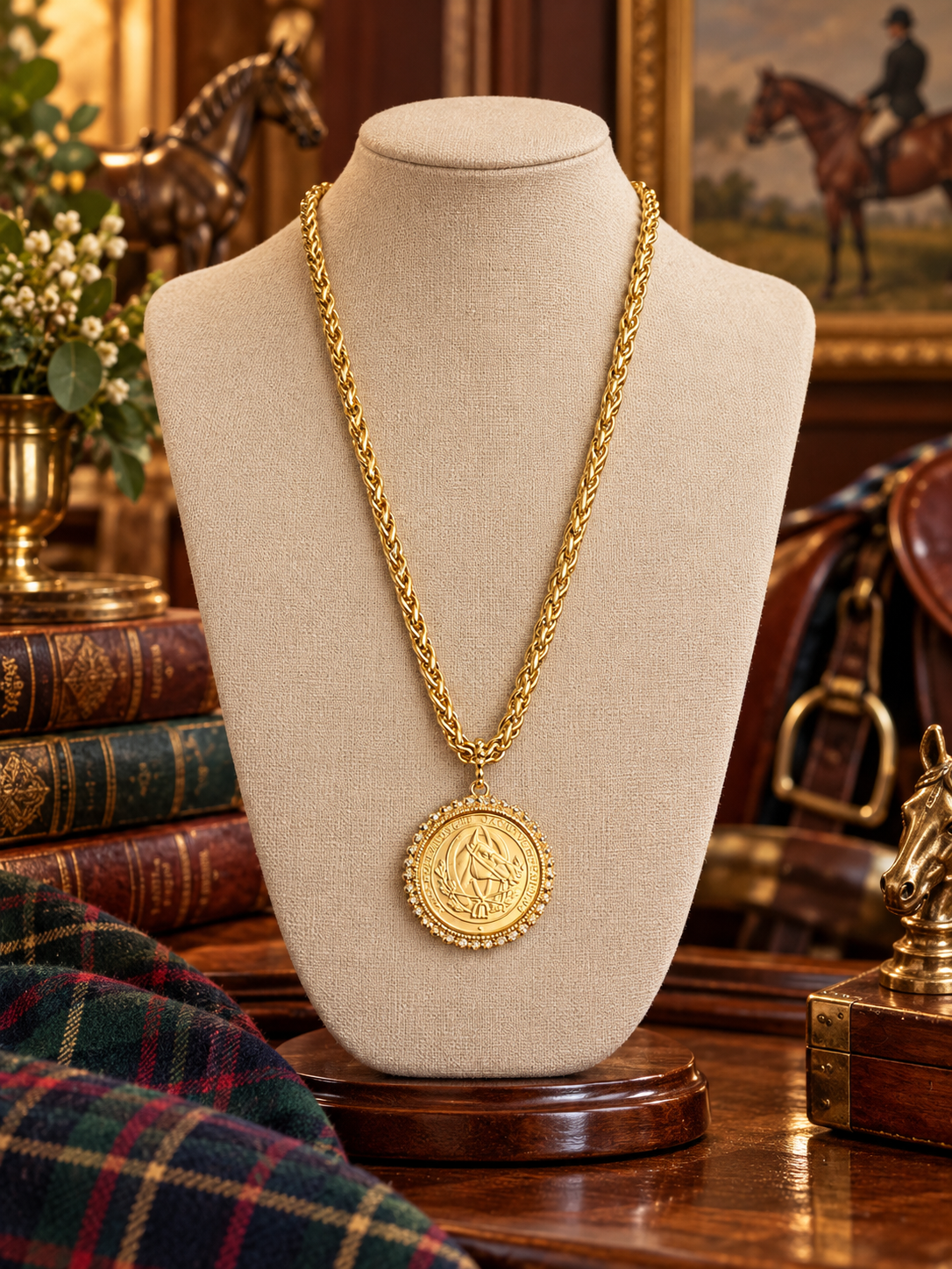 Gold Horse Medallion Necklace | Equestrian Statement Necklace | Gold Coin Pendant | Horse Lover Gift | Horse Head Jewelry