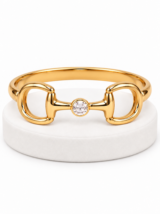 Gold Snaffle Bit Bangle Bracelet with Crystal Accent | Equestrian Horse Bit Bracelet | Horse Lover Gift | English Riding Jewelry