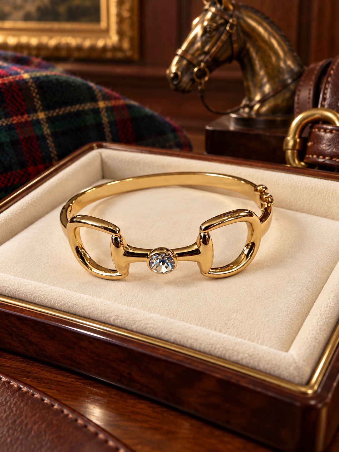 Gold Snaffle Bit Bangle Bracelet with Crystal Accent | Equestrian Horse Bit Bracelet | Horse Lover Gift | English Riding Jewelry