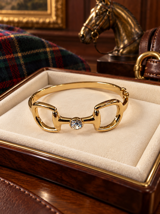 Gold Snaffle Bit Bangle Bracelet with Crystal Accent | Equestrian Horse Bit Bracelet | Horse Lover Gift | English Riding Jewelry