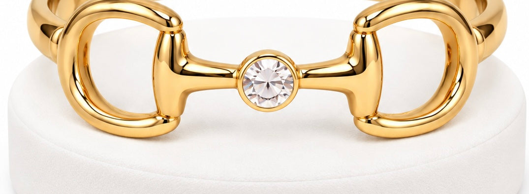 Gold Snaffle Bit Bangle Bracelet with Crystal Accent | Equestrian Horse Bit Bracelet | Horse Lover Gift | English Riding Jewelry
