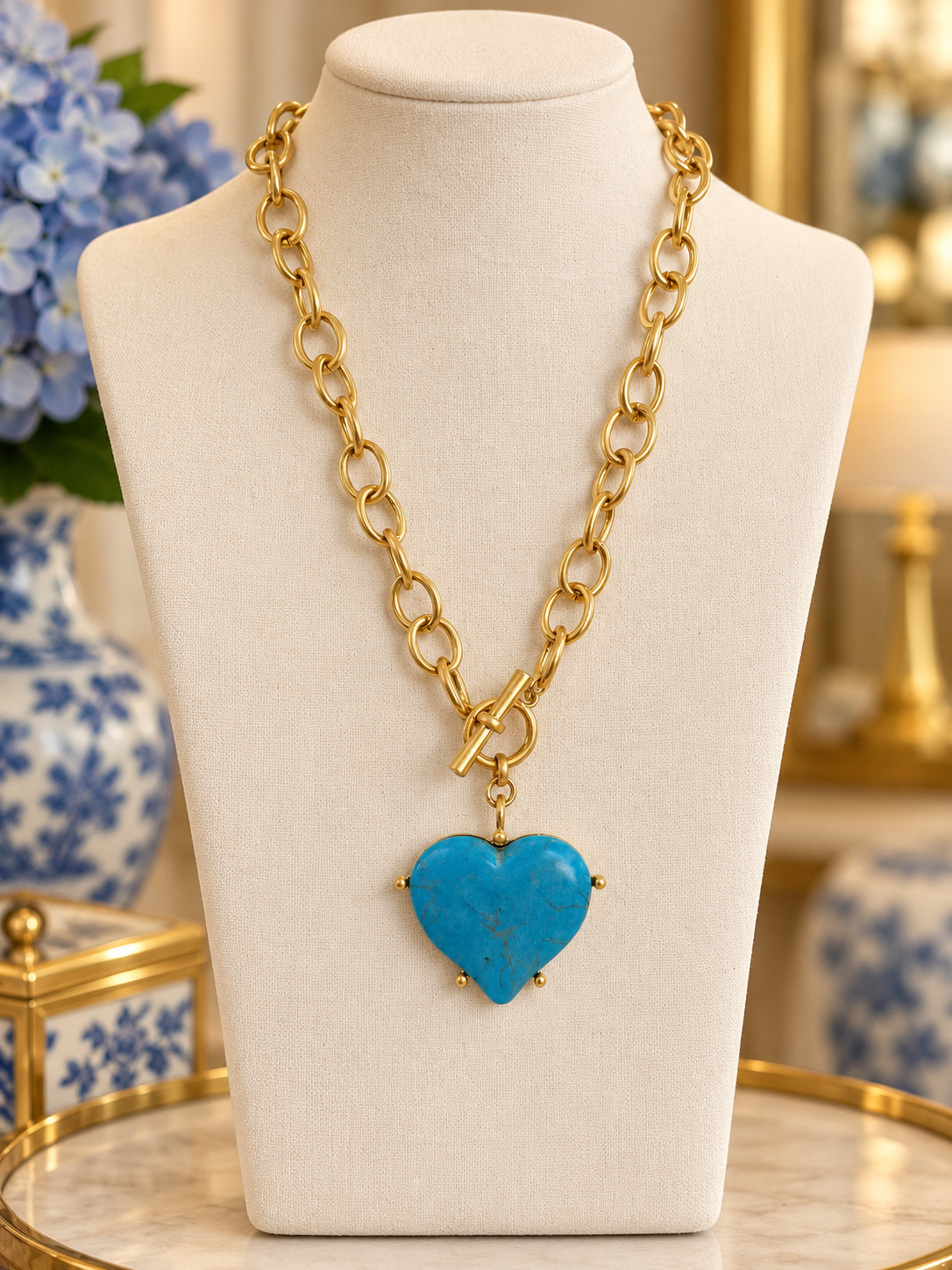 Turquoise Blue Heart Pendant Necklace, Gold Tone Link Chain, Front Toggle Necklace, Southwestern Statement Jewelry