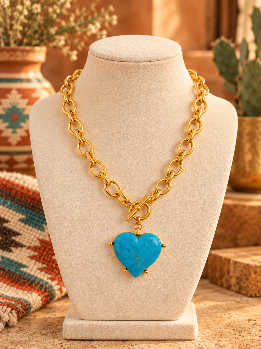 Turquoise Blue Heart Pendant Necklace, Gold Tone Link Chain, Front Toggle Necklace, Southwestern Statement Jewelry