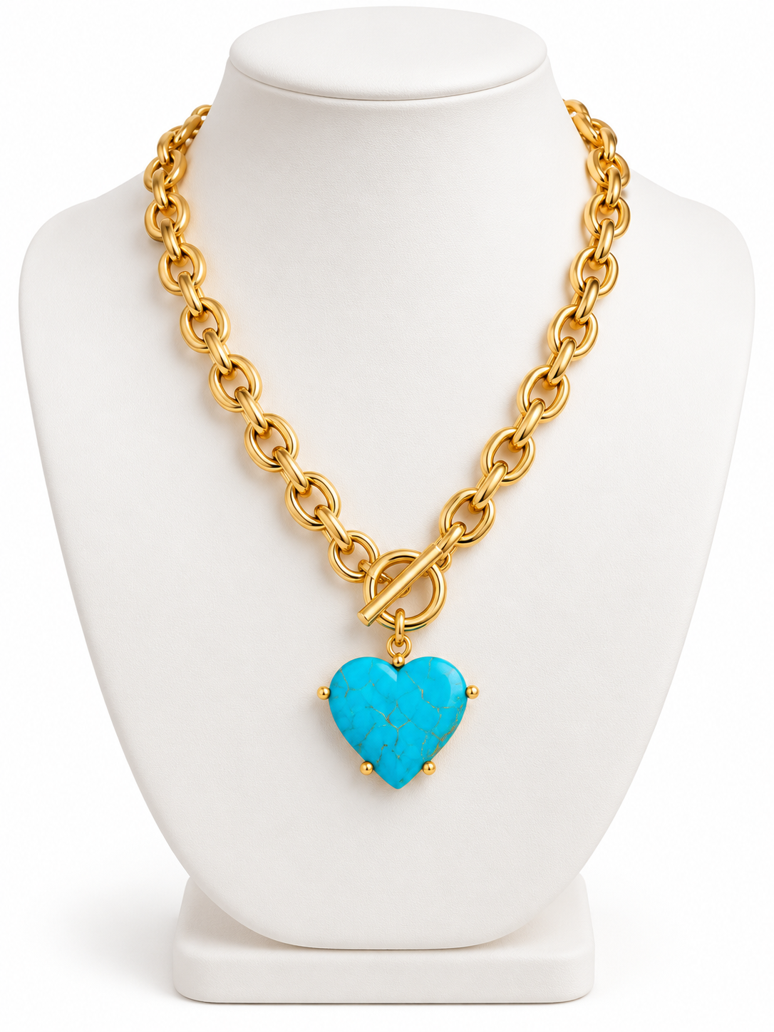 Turquoise Blue Heart Pendant Necklace, Gold Tone Link Chain, Front Toggle Necklace, Southwestern Statement Jewelry
