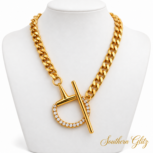 Gold Chunky Chain Toggle Necklace with Crystal Accented Circle Pendant | Statement Necklace | Equestrian Inspired Jewelry | Southern Glitz