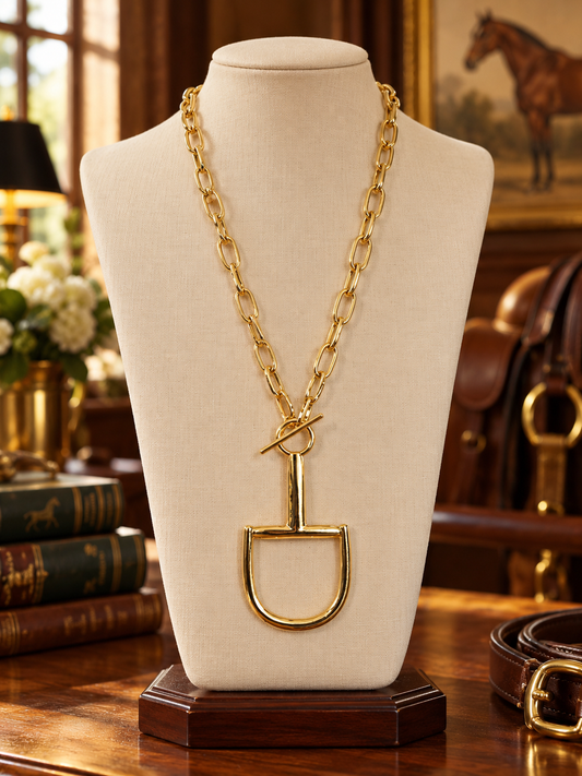 Gold Horse Bit Pendant Necklace, Equestrian Jewelry, Long Gold Link Chain, Toggle Clasp, Horse Lover Gift, Statement Necklace
