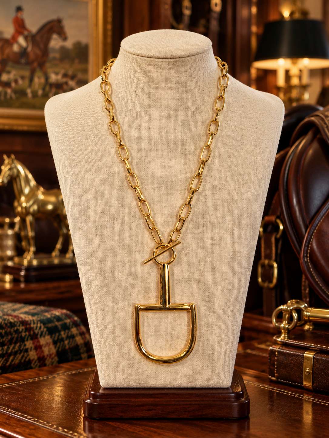 Gold Horse Bit Pendant Necklace, Equestrian Jewelry, Long Gold Link Chain, Toggle Clasp, Horse Lover Gift, Statement Necklace