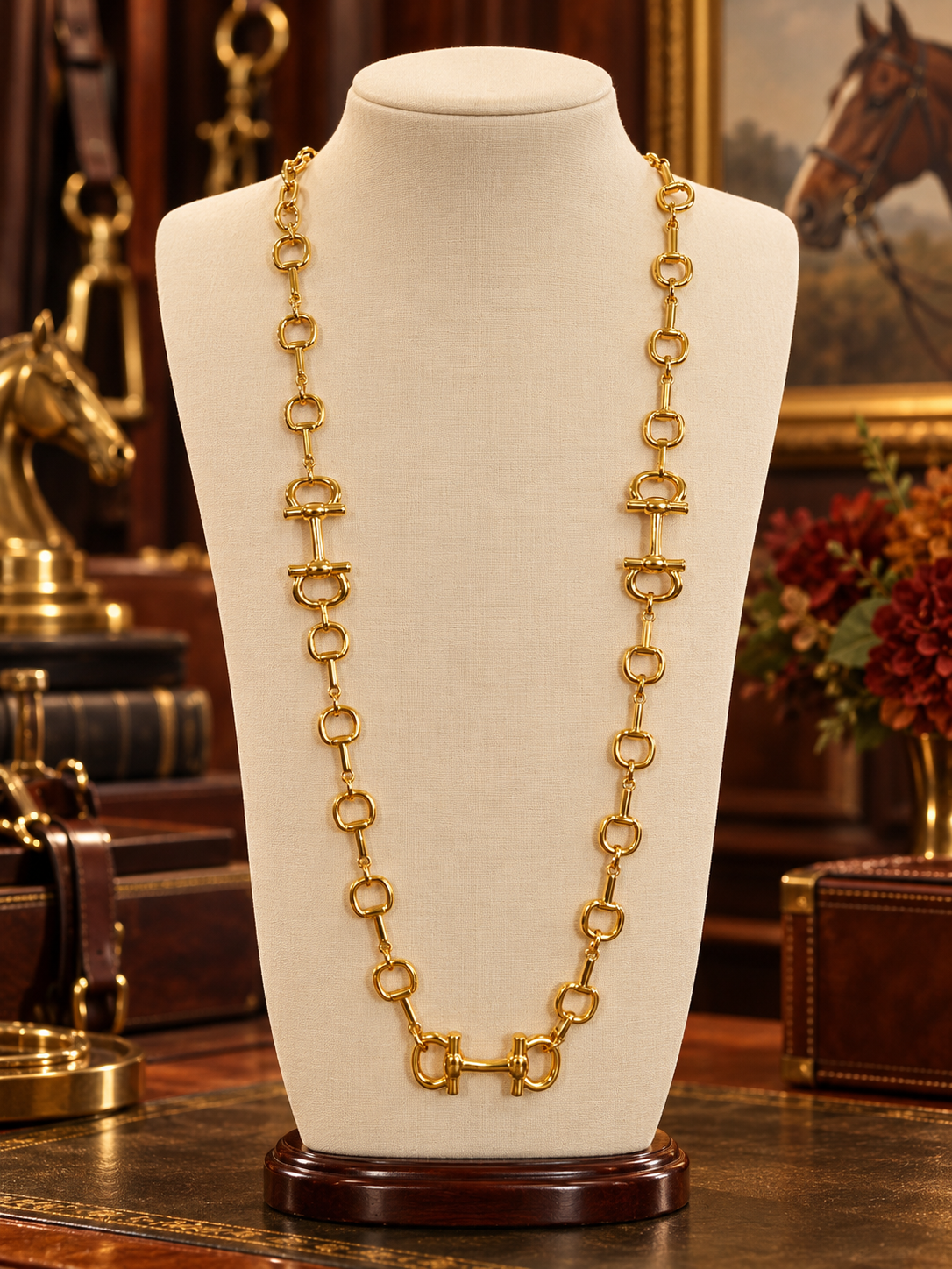 Gold Snaffle Bit Link Necklace | Equestrian Statement Necklace | Horse Lover Jewelry | Gold Tone Long Chain Necklace | Riding Gift