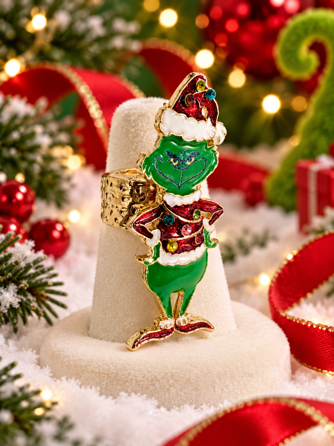 Festive Green Christmas Character Statement Ring