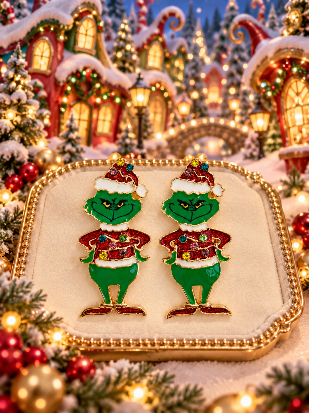 Festive Green Christmas Character Dangle Earrings