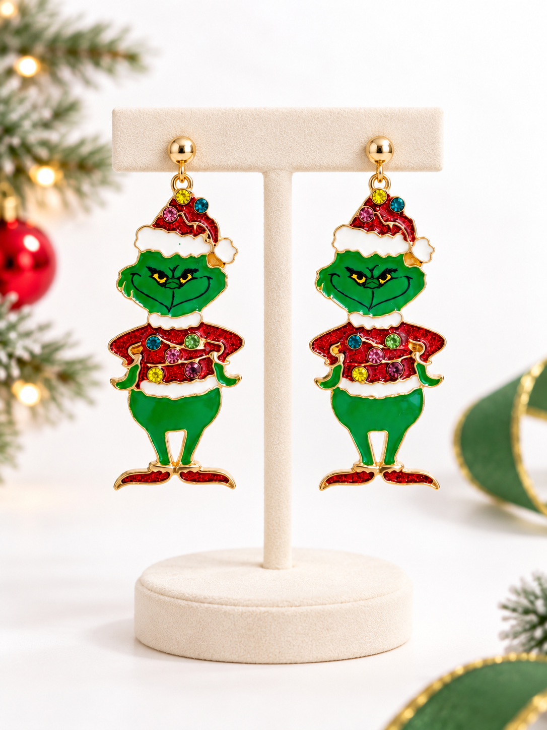 Festive Green Christmas Character Dangle Earrings