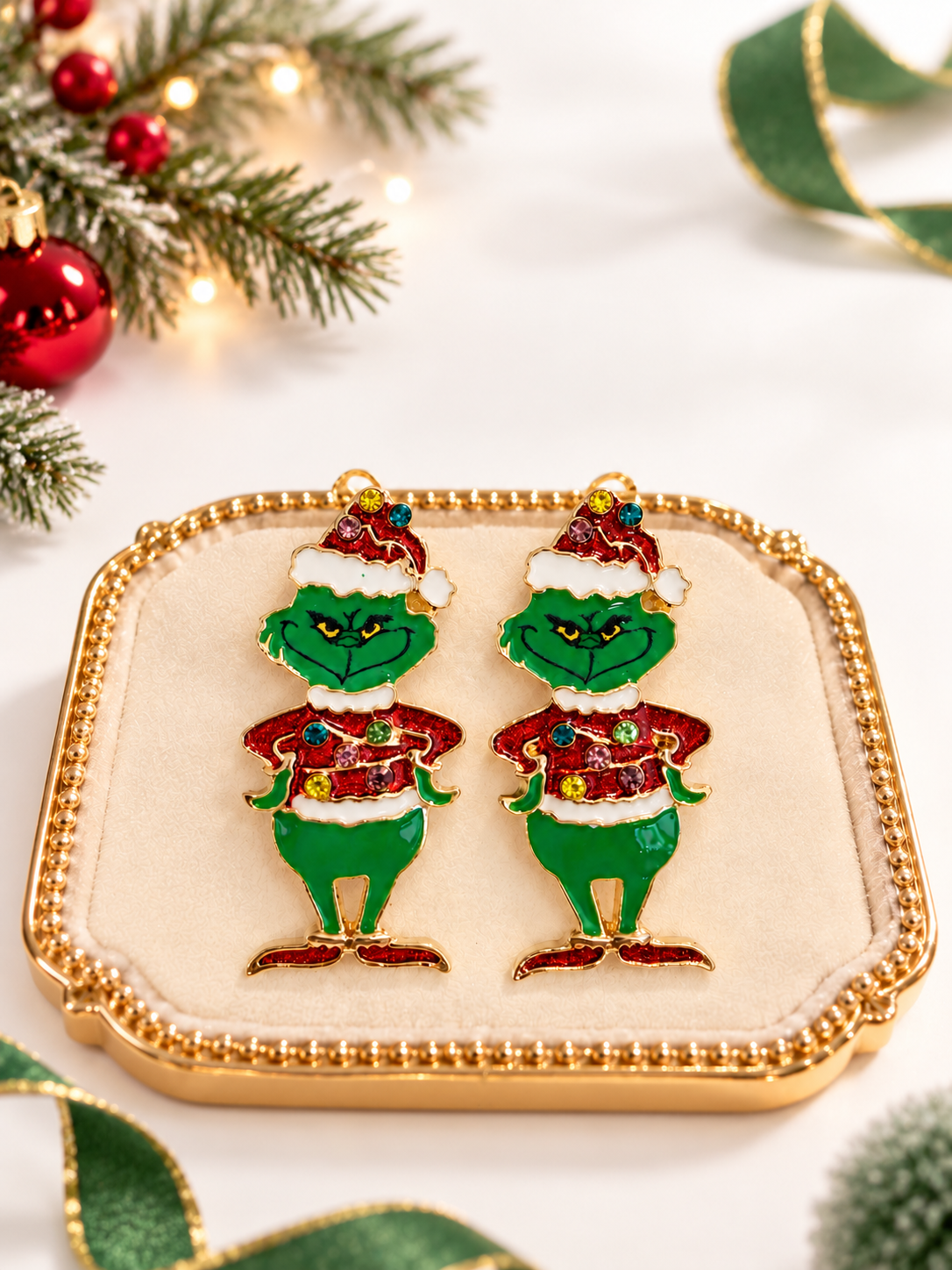 Festive Green Christmas Character Dangle Earrings