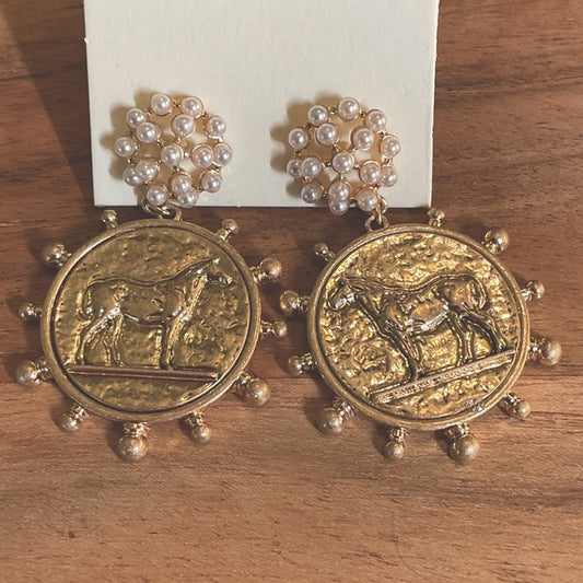 Vintage-Inspired Gold Coin Earrings featuring a horse with Pearl Cluster
