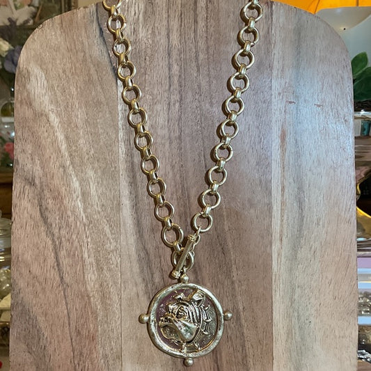 Gold Chain Necklace with bulldog Medallion Pendant