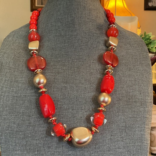 Vibrant Red and Gold Beaded Necklace