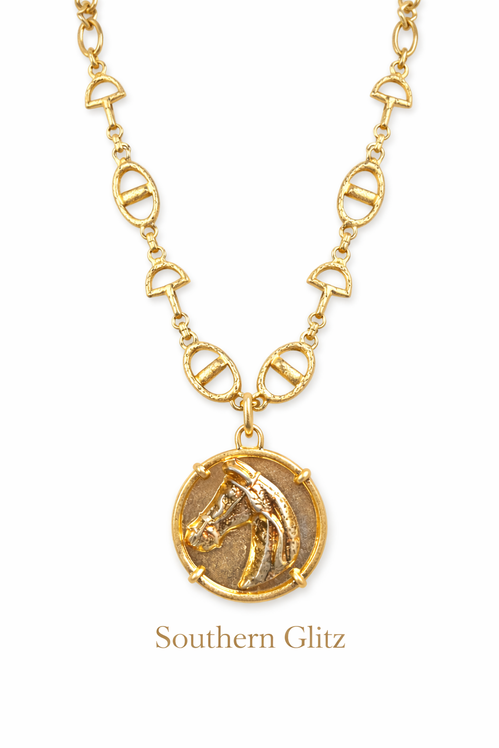 Gold Horse Pendant Necklace, Equestrian Snaffle Bit Chain, Statement Horse Jewelry, Western English Rider Gift, Southern Boutique Necklace
