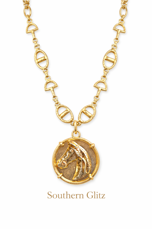 Gold Horse Pendant Necklace, Equestrian Snaffle Bit Chain, Statement Horse Jewelry, Western English Rider Gift, Southern Boutique Necklace