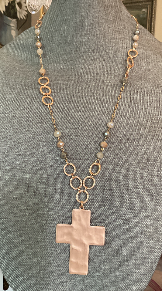 Rosary bead and gold chain necklace with a Matt gold hammered cross pendant