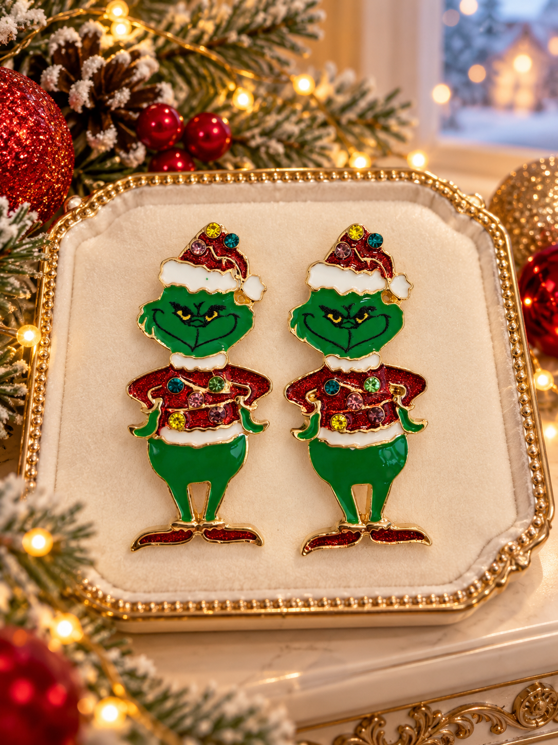 Festive Green Christmas Character Dangle Earrings