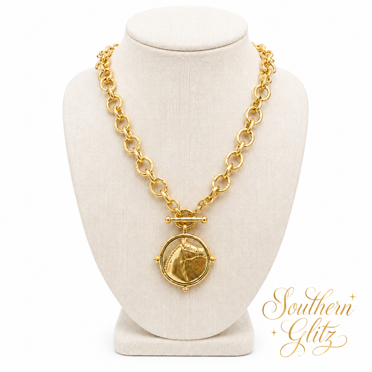 Gold Horse Medallion Necklace, Equestrian Statement Necklace, Chunky Gold Link Necklace, Toggle Pendant, Horse Lover Gift