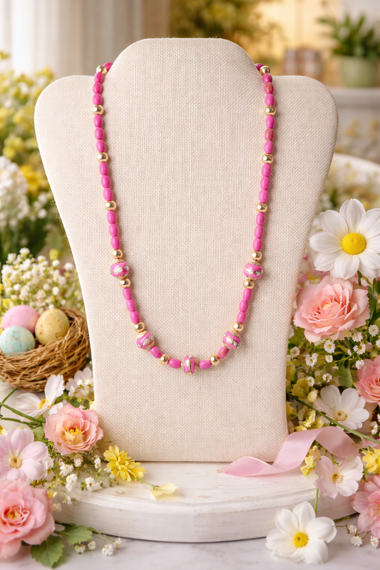 Pink Beaded Statement Necklace | Spring Jewelry | Gold Accent Necklace | Cloisonné Bead Necklace | Easter Jewelry | Southern Glitz Handmade