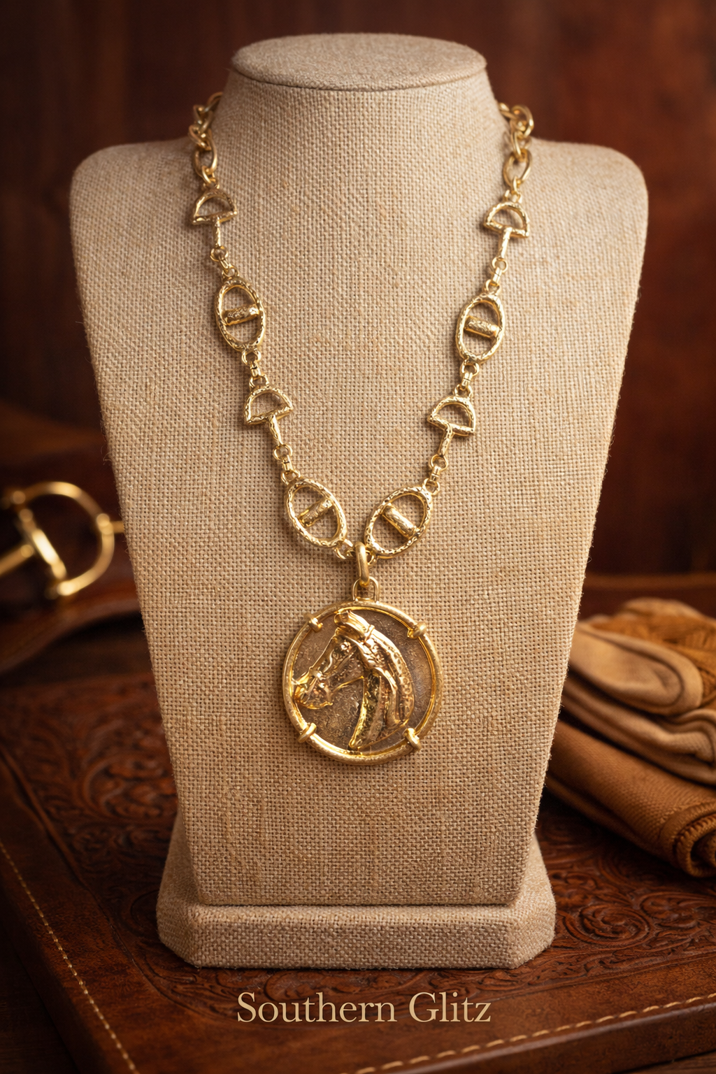 Gold Horse Pendant Necklace, Equestrian Snaffle Bit Chain, Statement Horse Jewelry, Western English Rider Gift, Southern Boutique Necklace