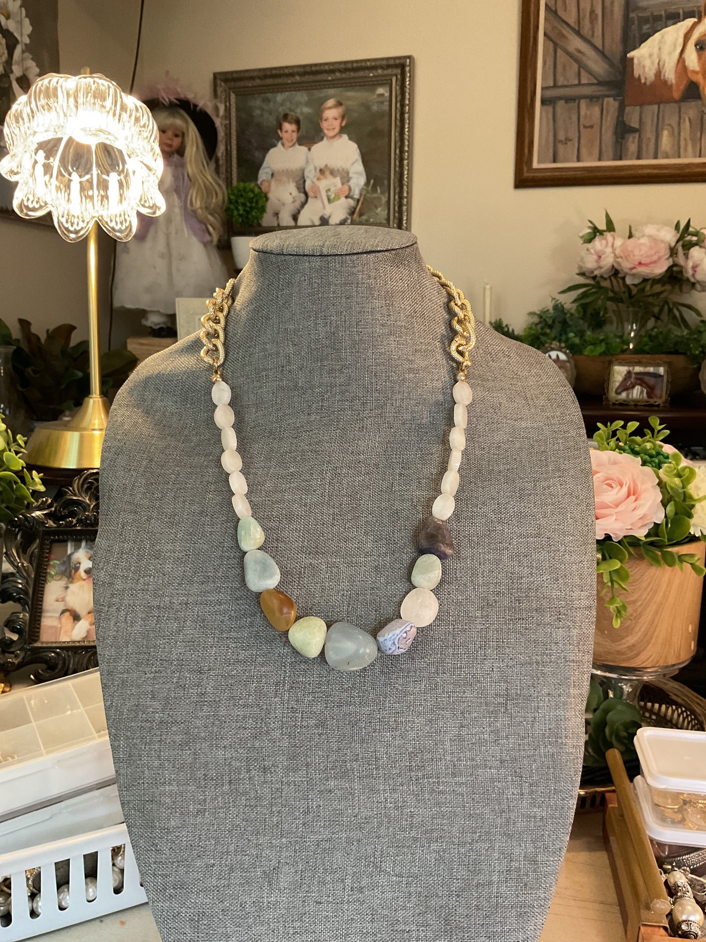 Stone beaded necklace with gold chain