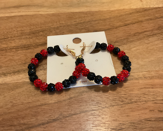 Red and black UGA beaded hoop earrings with sparkle