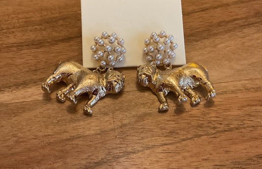 Gold and pearl dangle bulldog earrings for game day