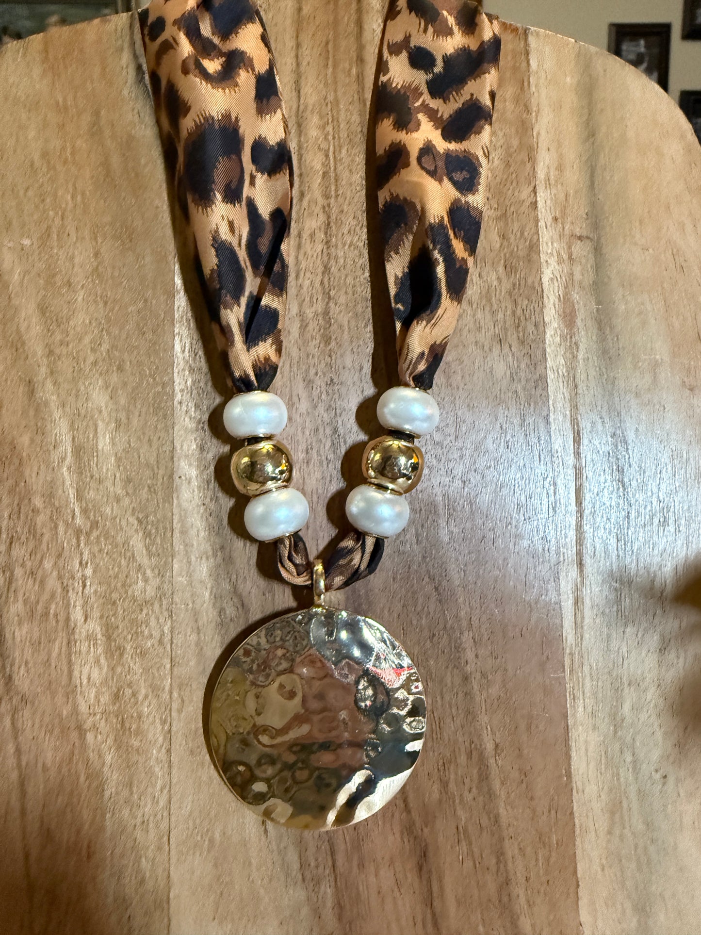 Leopard print scarf necklace with gold pendant