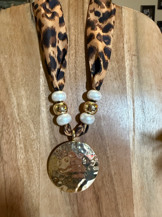 Leopard print scarf necklace with gold pendant