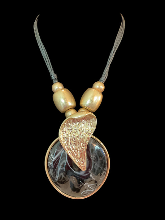 Large black stone and gold leaf pendant, short statement necklace