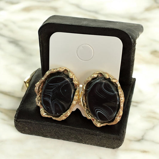 Large black stone and gold post earrings