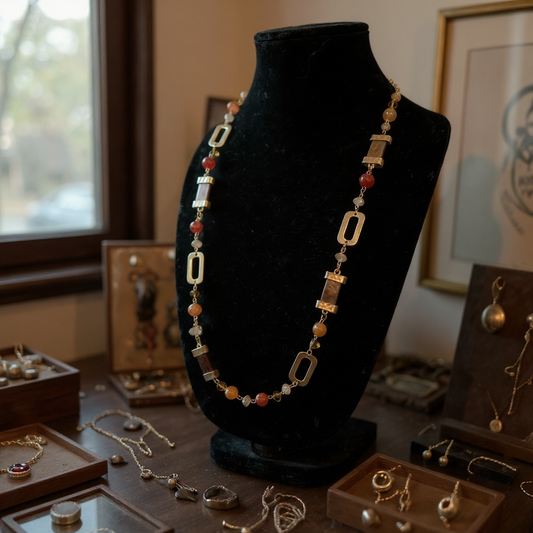 Long mixed metal and bead fall color necklace