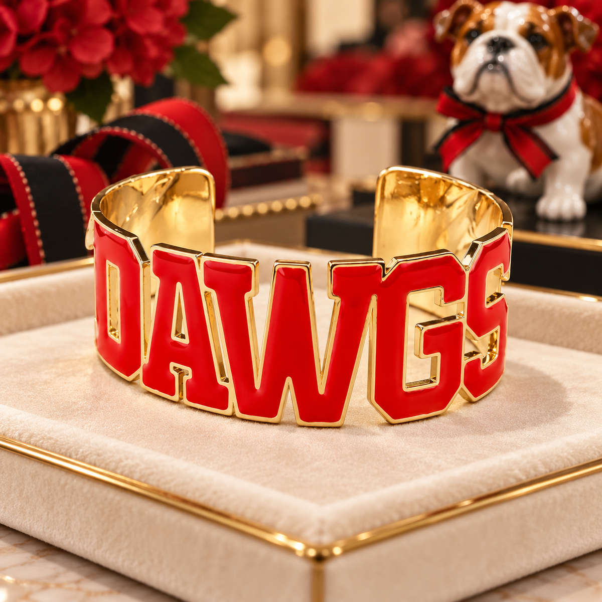 Red DAWGS Cuff Bracelet, Gold Tone Letter Bracelet, Game Day Statement Jewelry, Fan Gift