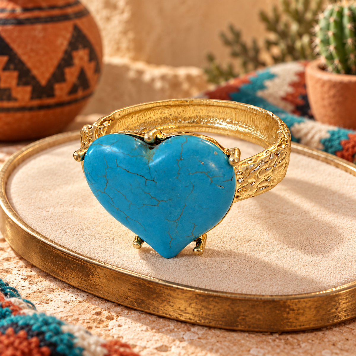 Turquoise Blue Heart Bangle Bracelet, Textured Gold Tone Bracelet, Southwestern Statement Jewelry, Gift for Her