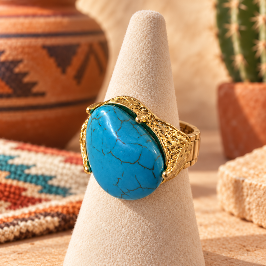 Turquoise Blue Heart Ring, Textured Gold Tone Stretch Band, Southwestern Statement Ring, Western Boutique Jewelry