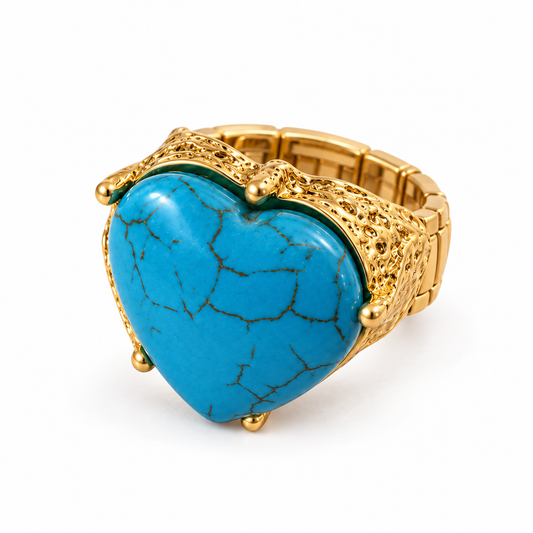 Turquoise Blue Heart Ring, Textured Gold Tone Stretch Band, Southwestern Statement Ring, Western Boutique Jewelry